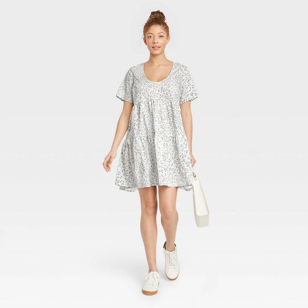 Women’s Flutter Short Sleeve Tiered Dress – A New Day Cream Leopard Print XS