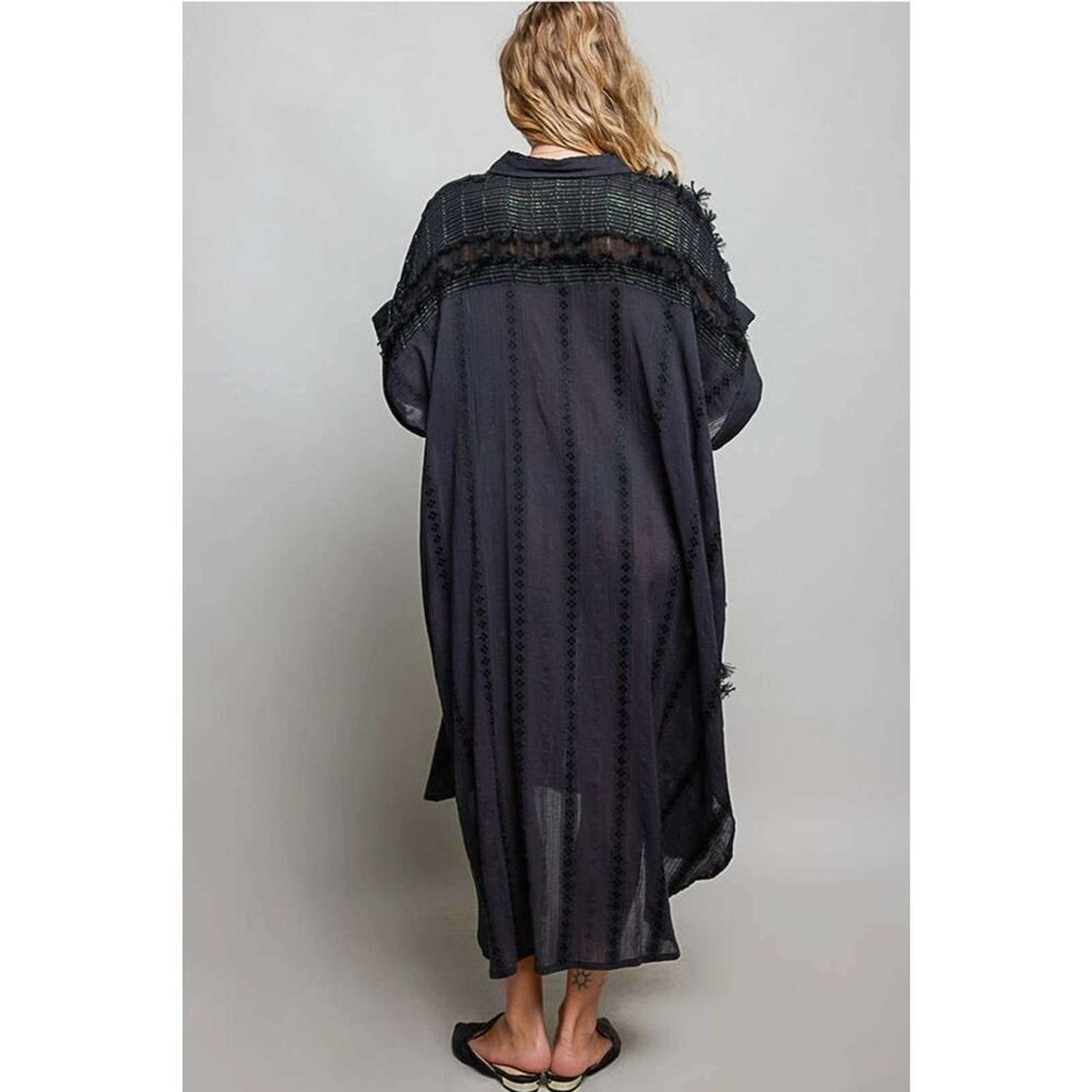 POL Dangle Trim Textured Cotton Oversized Long Shirt Dress – Cream