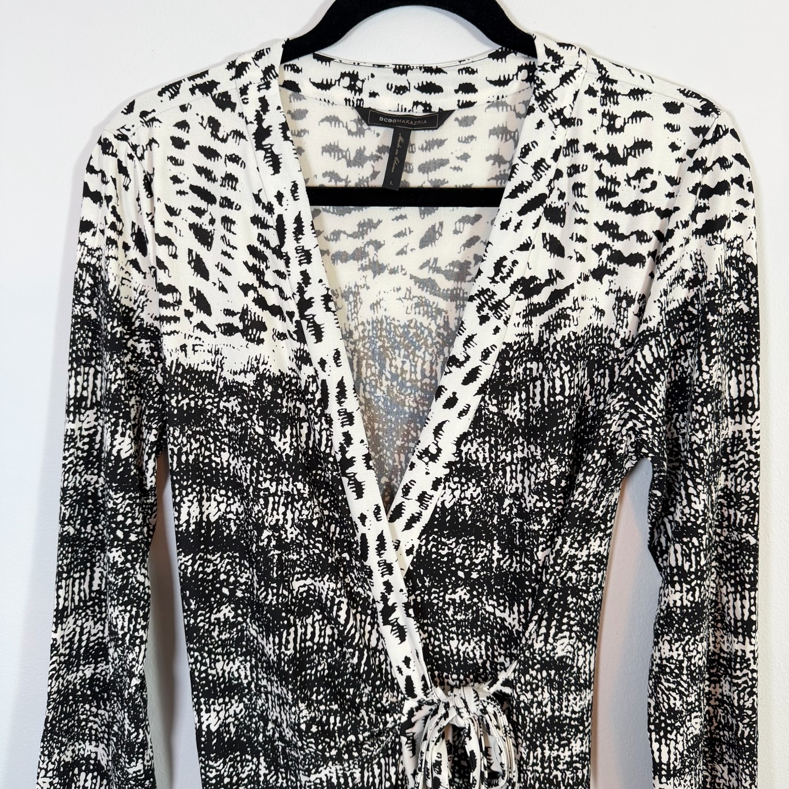 BCBG MAXAZRIA Adele Wrap Dress L Black White Boho Midi Dress Teacher