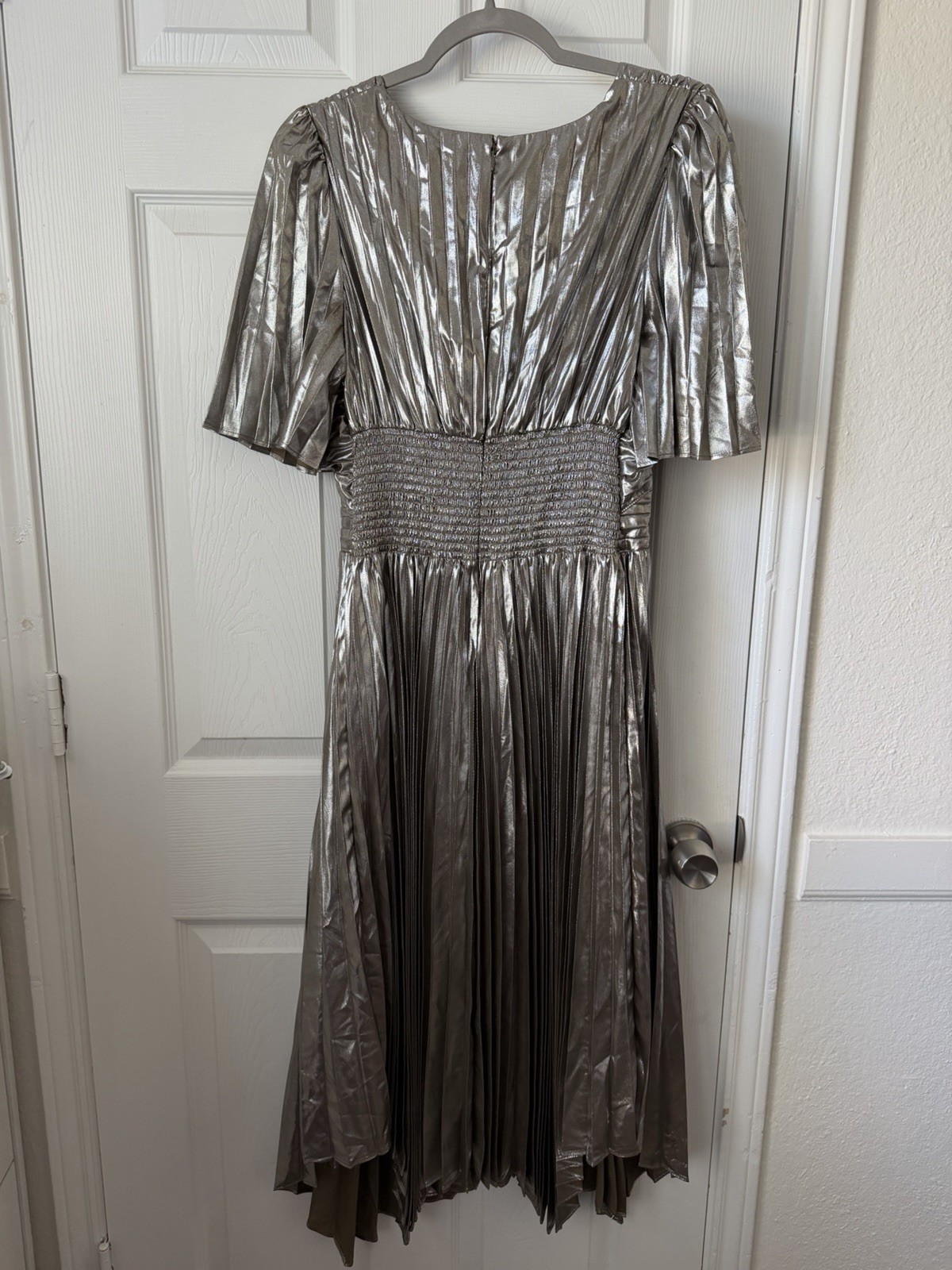 By Anthropologie Metallic Pleated Cutout Midi Dress Silver green Size S