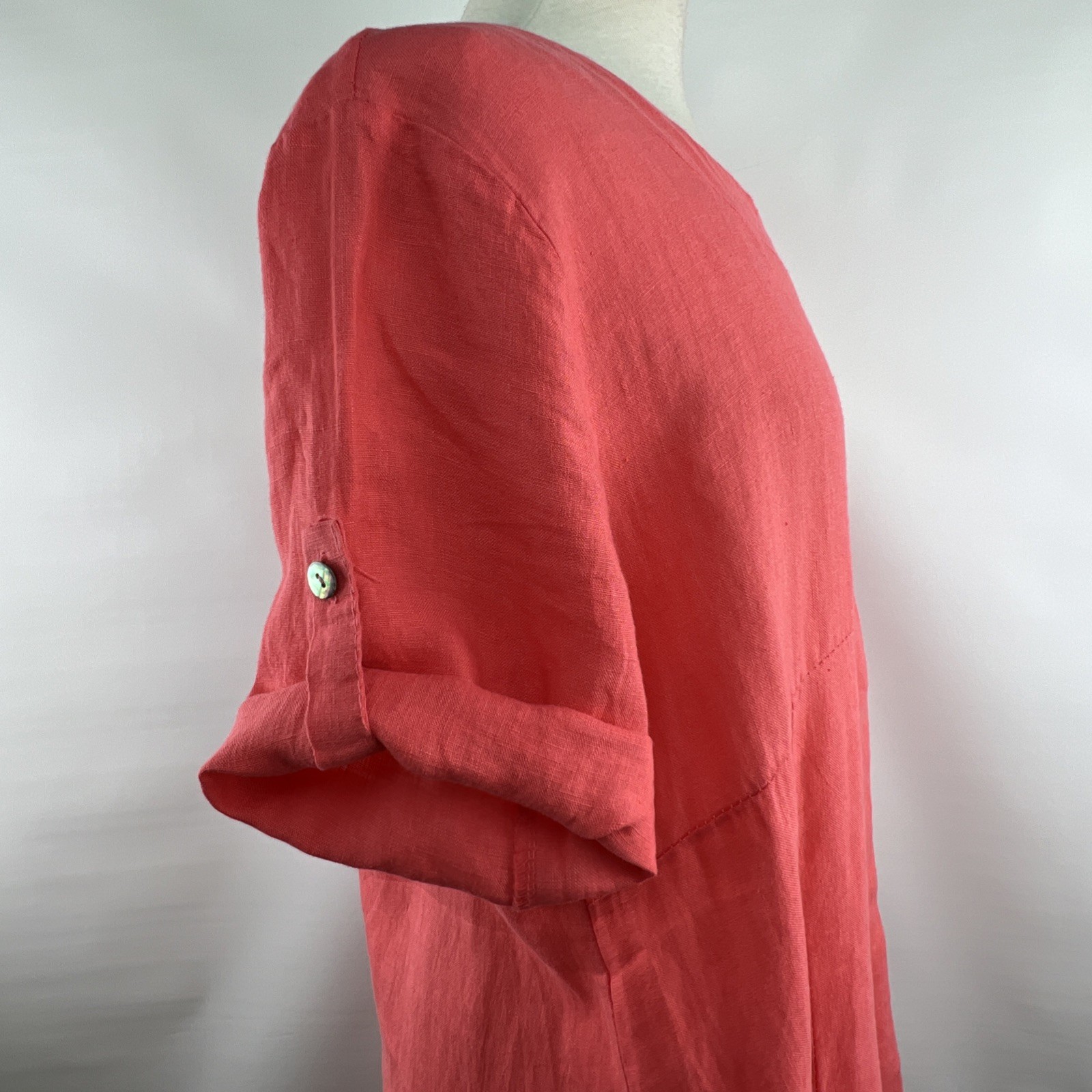 OSO Casuals L Melon Linen Short Roll Tab Sleeves Lagenlook Pockets Italy Dress