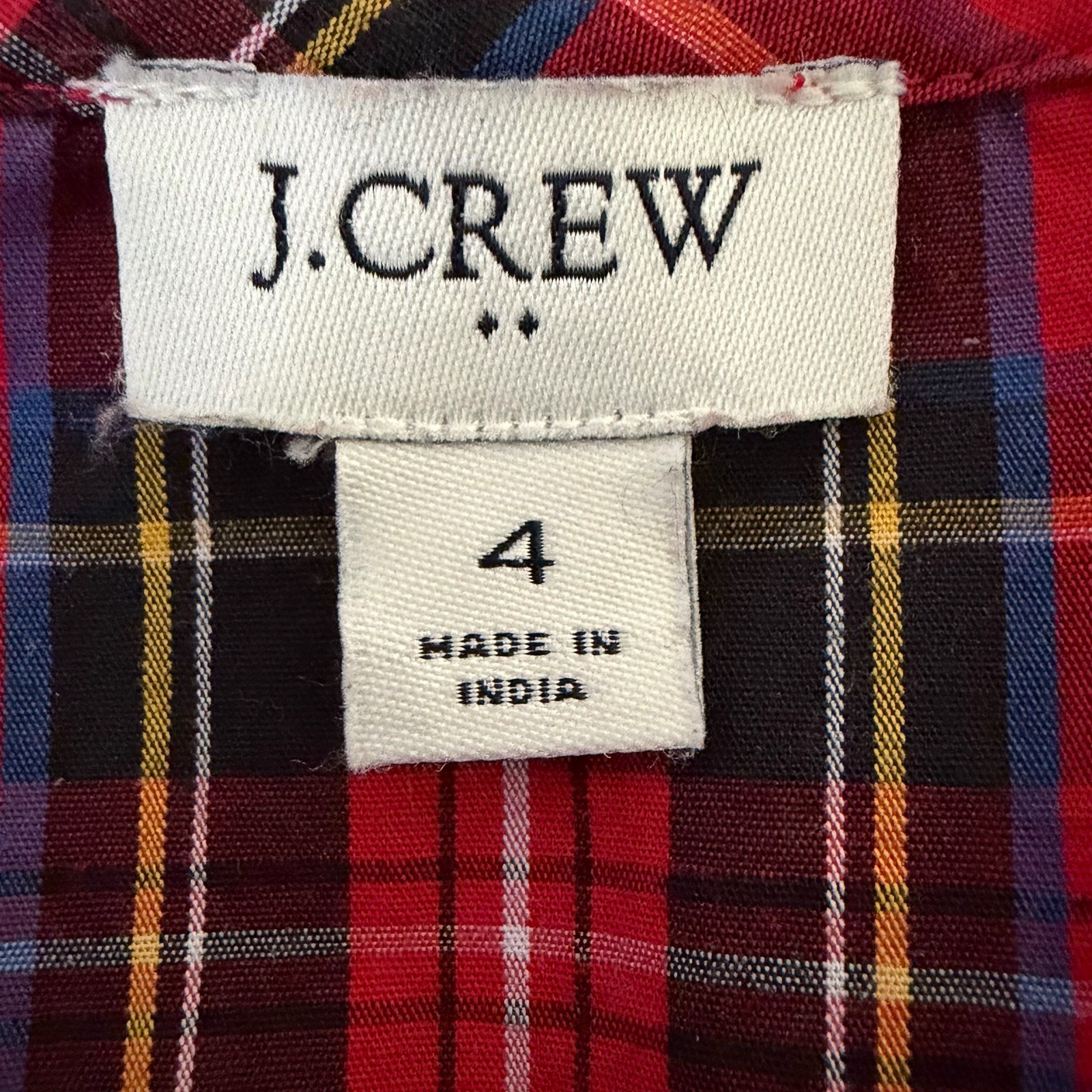 J Crew Red Tartan Plaid Dress Pockets Covered Buttons Puff Sleeves Women’s 4