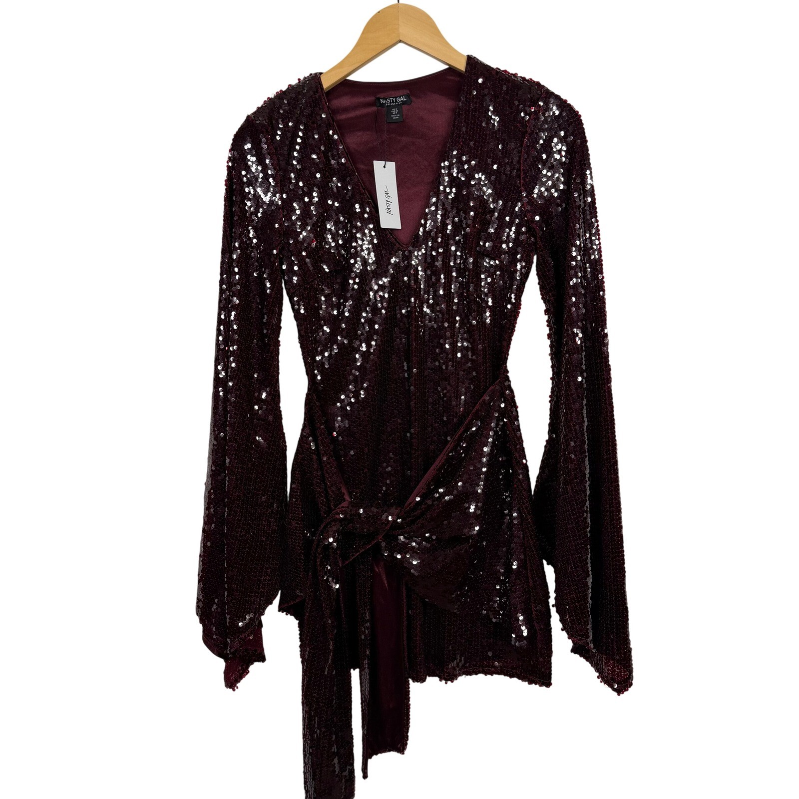 Nasty Gal Sequin Flared Sleeve Tie Front Mini Dress Size 0 NWT