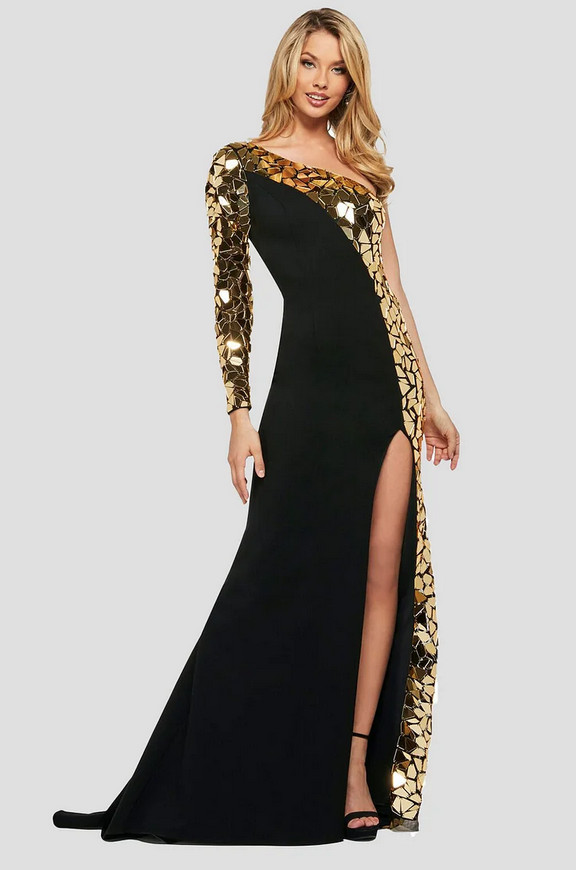 Size 6 Lady Juice OneShoulder High Split Mirror Sequin Maxi Dress Bk/Gold pd 19z