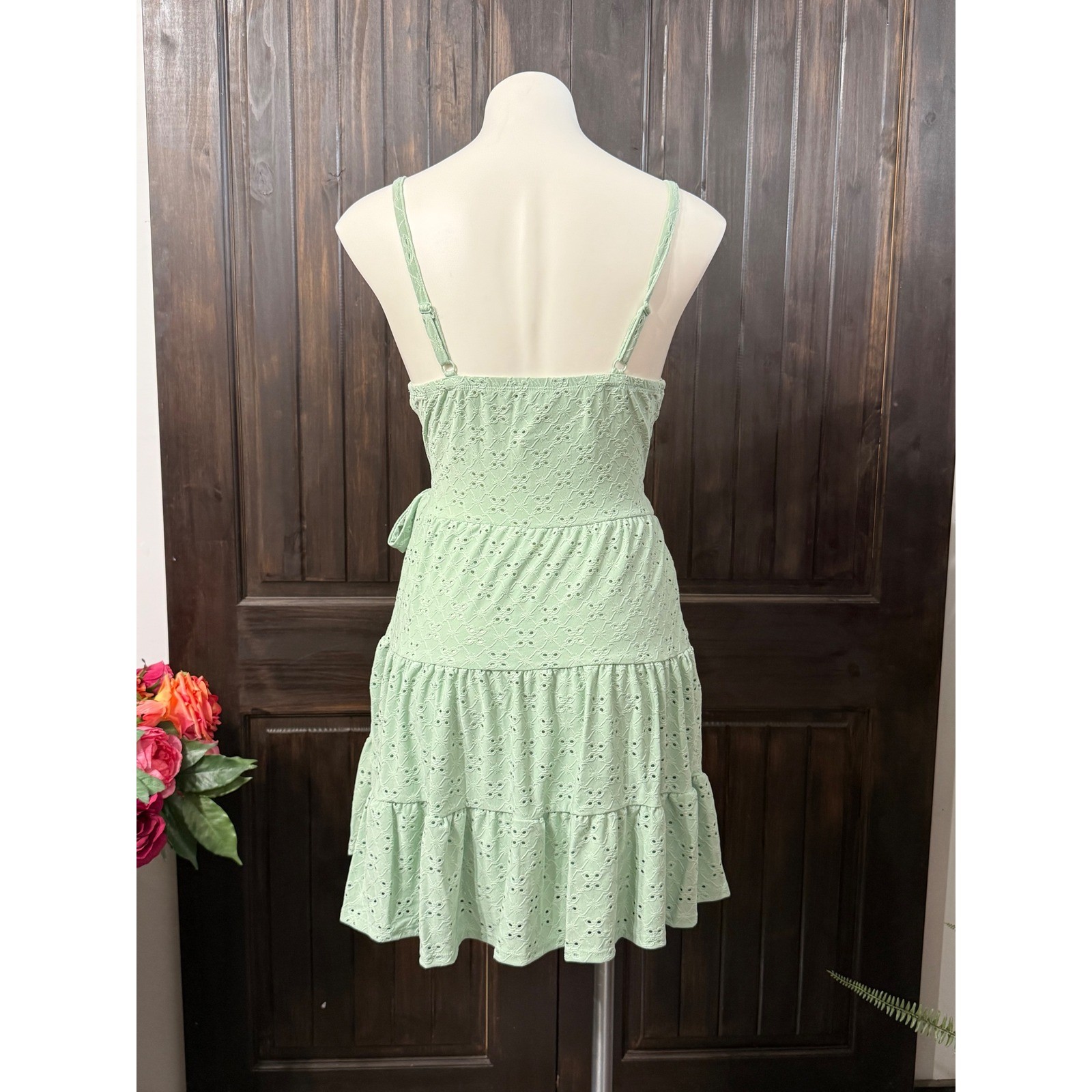 Stiletto’s Sage Green Eyelet Wrap Mini Dress Tiered Ruffle Sage Medium