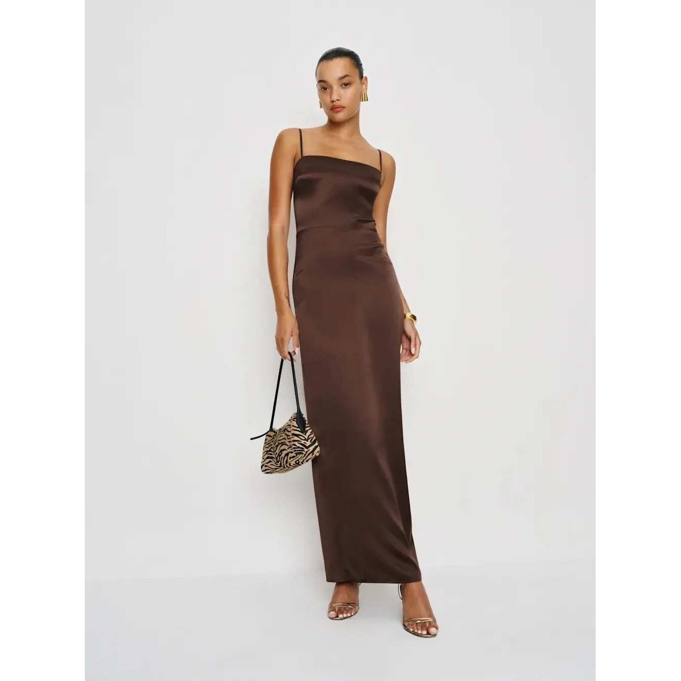 Reformation Frankie Silk Maxi Dress Size 6 Brown Spaghetti Strap Smocked Back