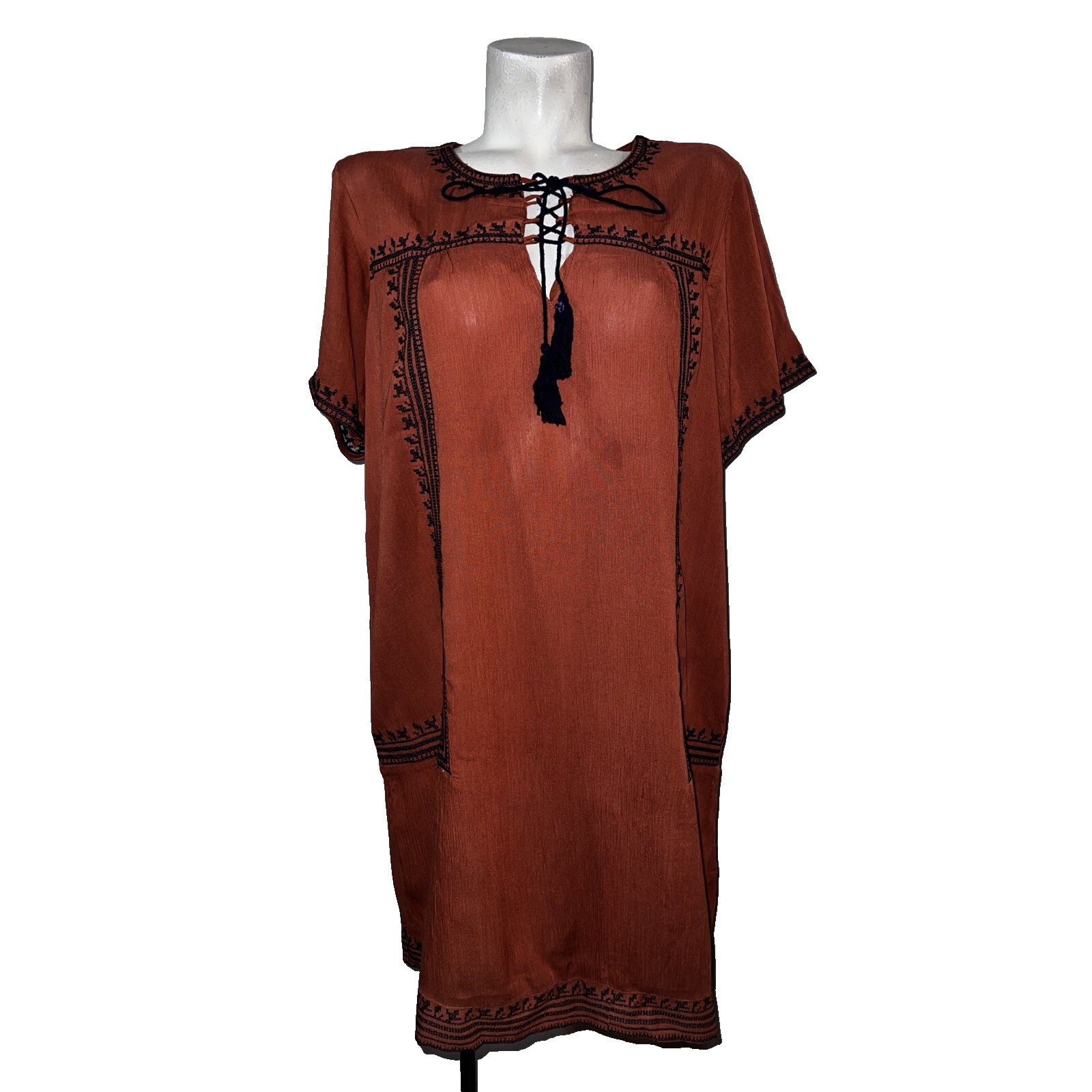 J. Lee Women XL Rust Terracotta Embroidered Boho Tassel Lace Up Shift Dress NEW