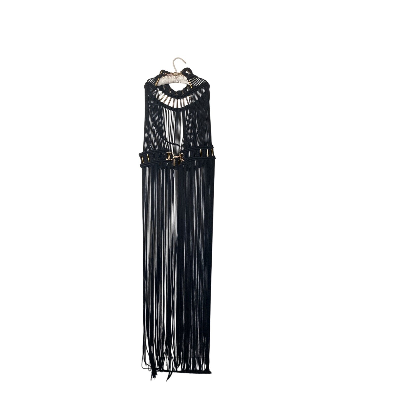 Mexican Handmade Black Fringe Macrame Dress Boho Festival Statement Piece