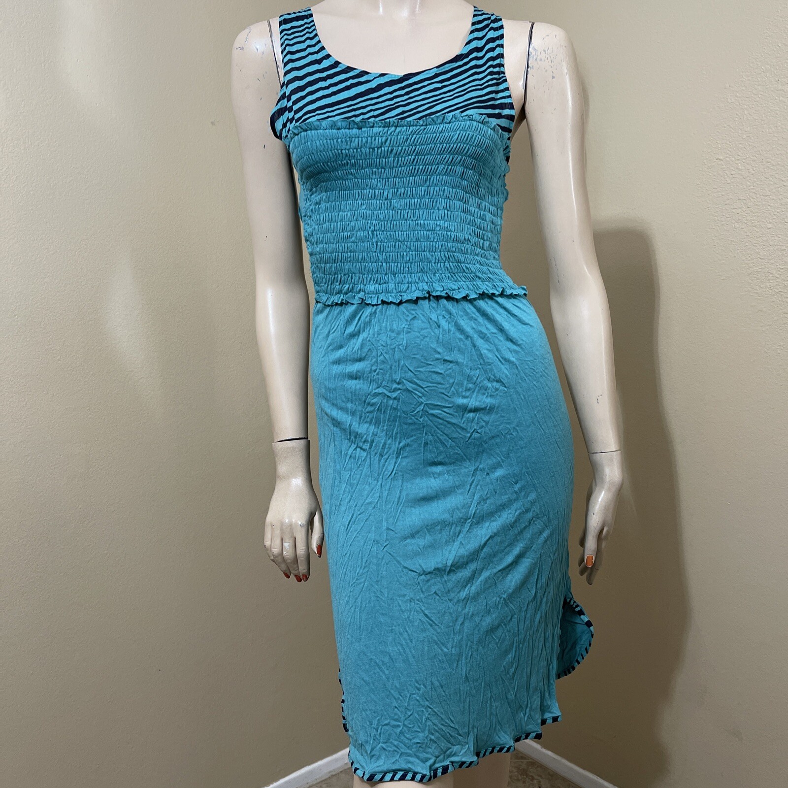 Women’s Turquoise Striped Viscose Casual Summer Open Stretch Size S Sundress