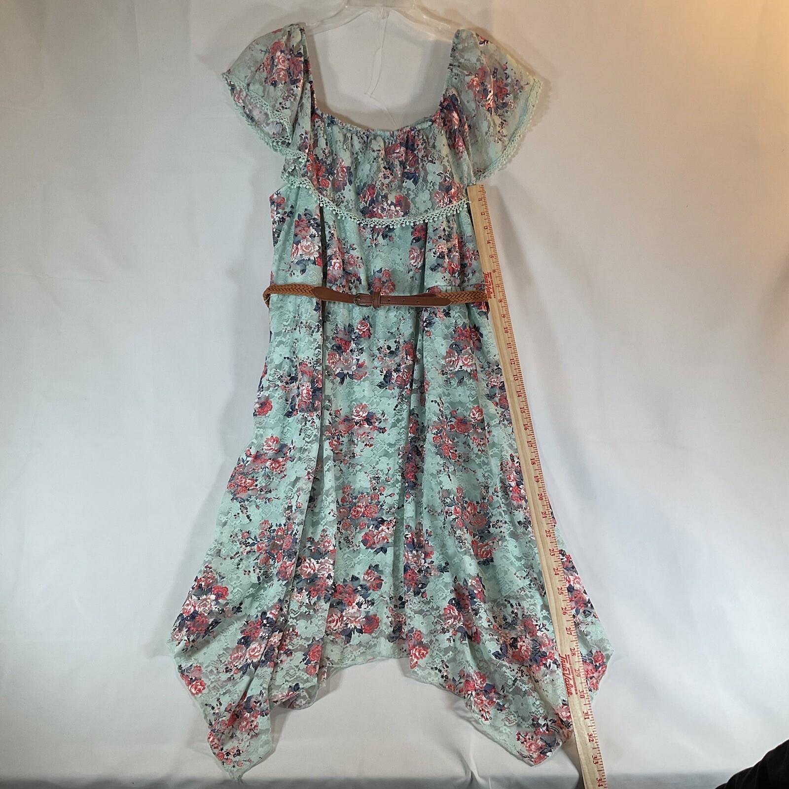No Bounderies Aqua/Mint Blue Floral Lace dress with Belt, Junior size XXL