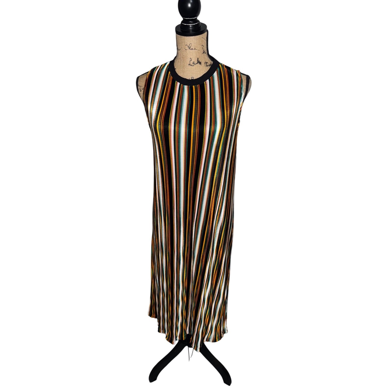 Pull&Bear Plisse Striped Midi Dress M Multicolor Sleeveless Retro Crinkle Pleats