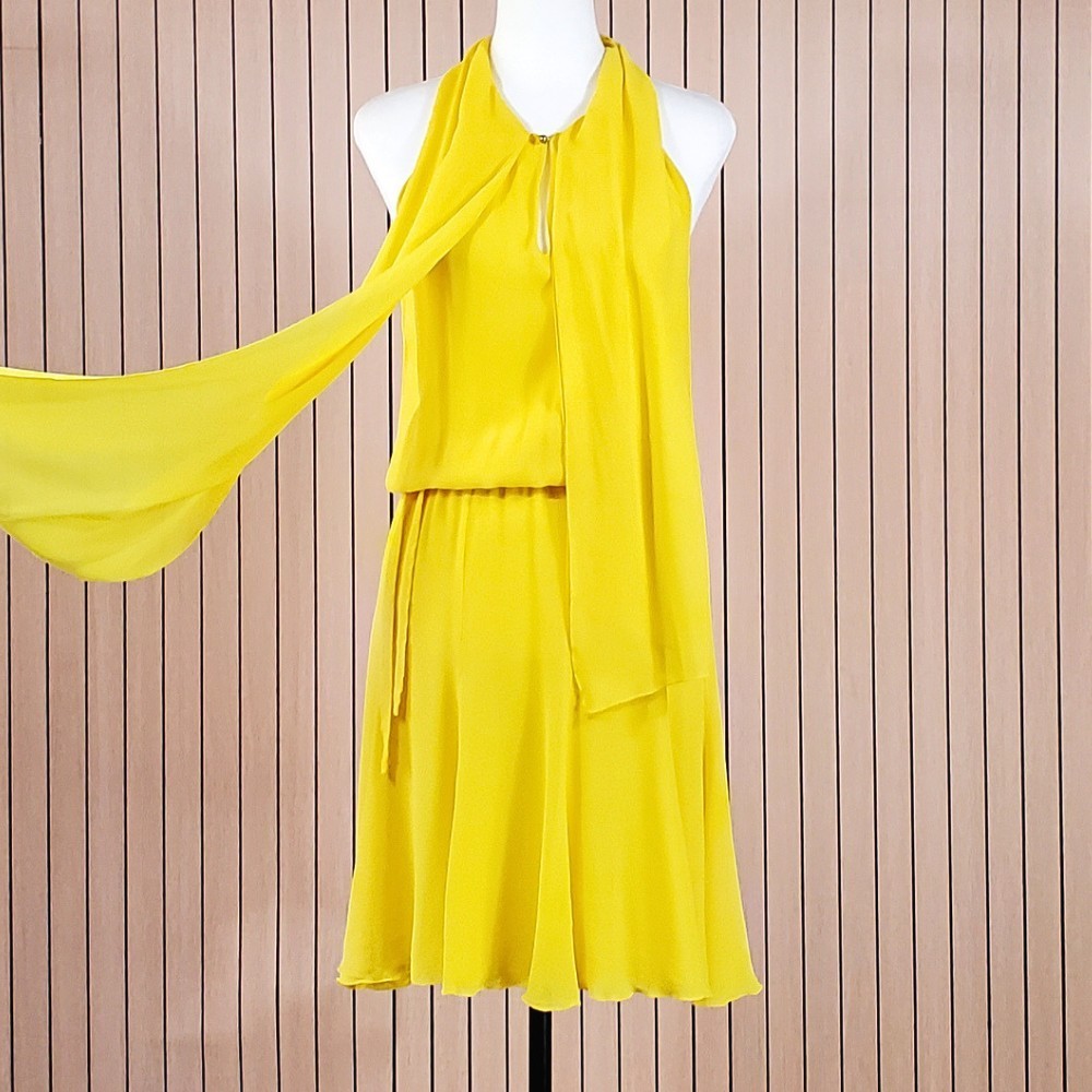 JOSEPH 100% Silk Yellow Halterneck Midi Dress UK 8 FR 36 Tie Neck Designer