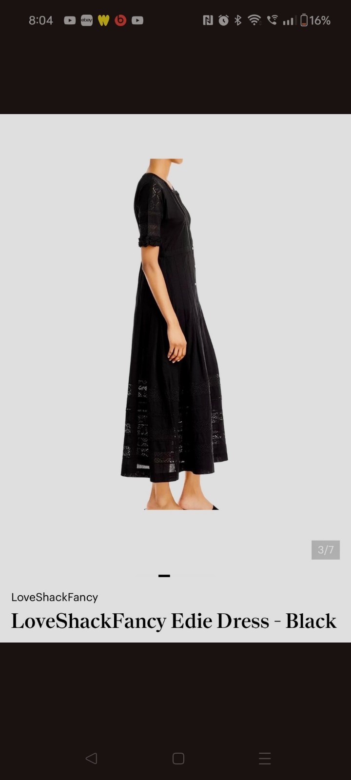 LoveShackFancy Edie Black Cotton Poplin Lace Button Front Midi Dress Tiered Sz M