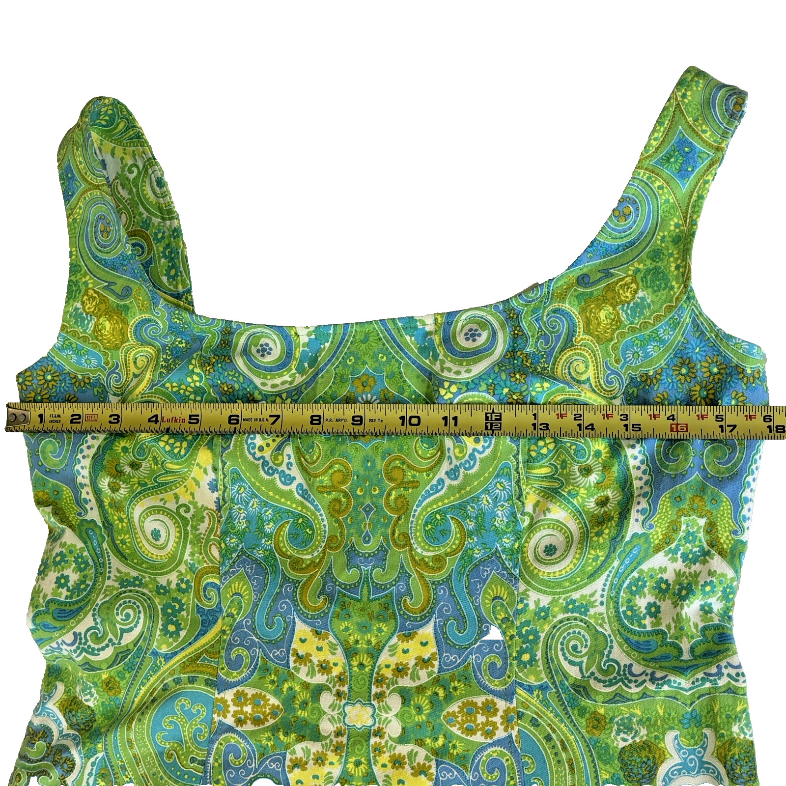 Escada Women’s EU40/US8 Dress Back Ribbon Detail Blue Green Sleeveless Cotton
