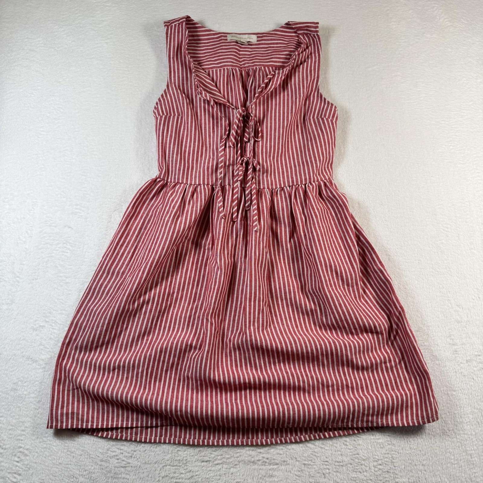 Monteau Los Angeles Dress Womens Small Red White Striped Ruffle Tie Sundress