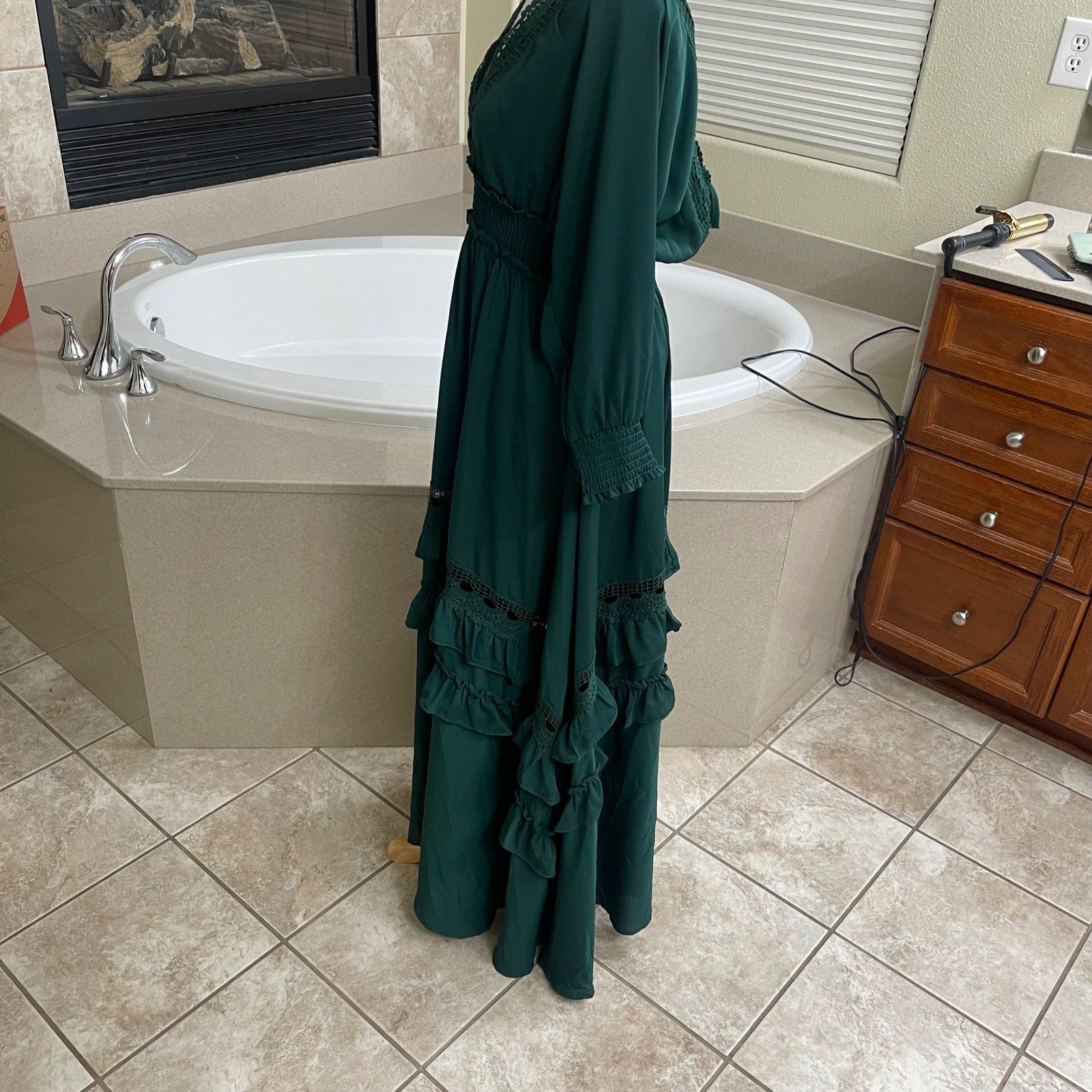 BALTICBORN pippA Women Emerald Green Tiered Ruffle Maxi Dress Long Sleeve LAre