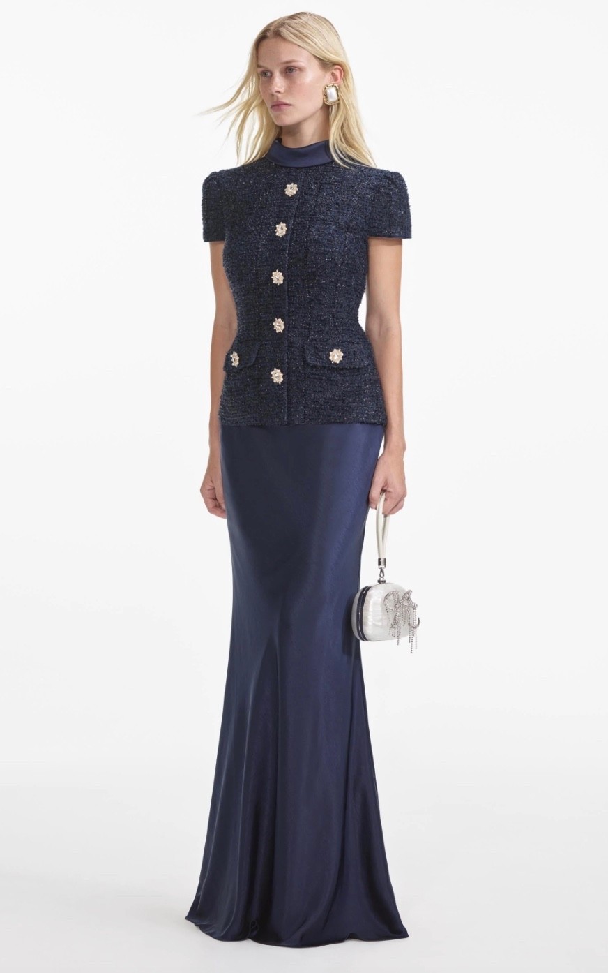 Self-Portrait Navy Metallic Boucle Maxi Dress