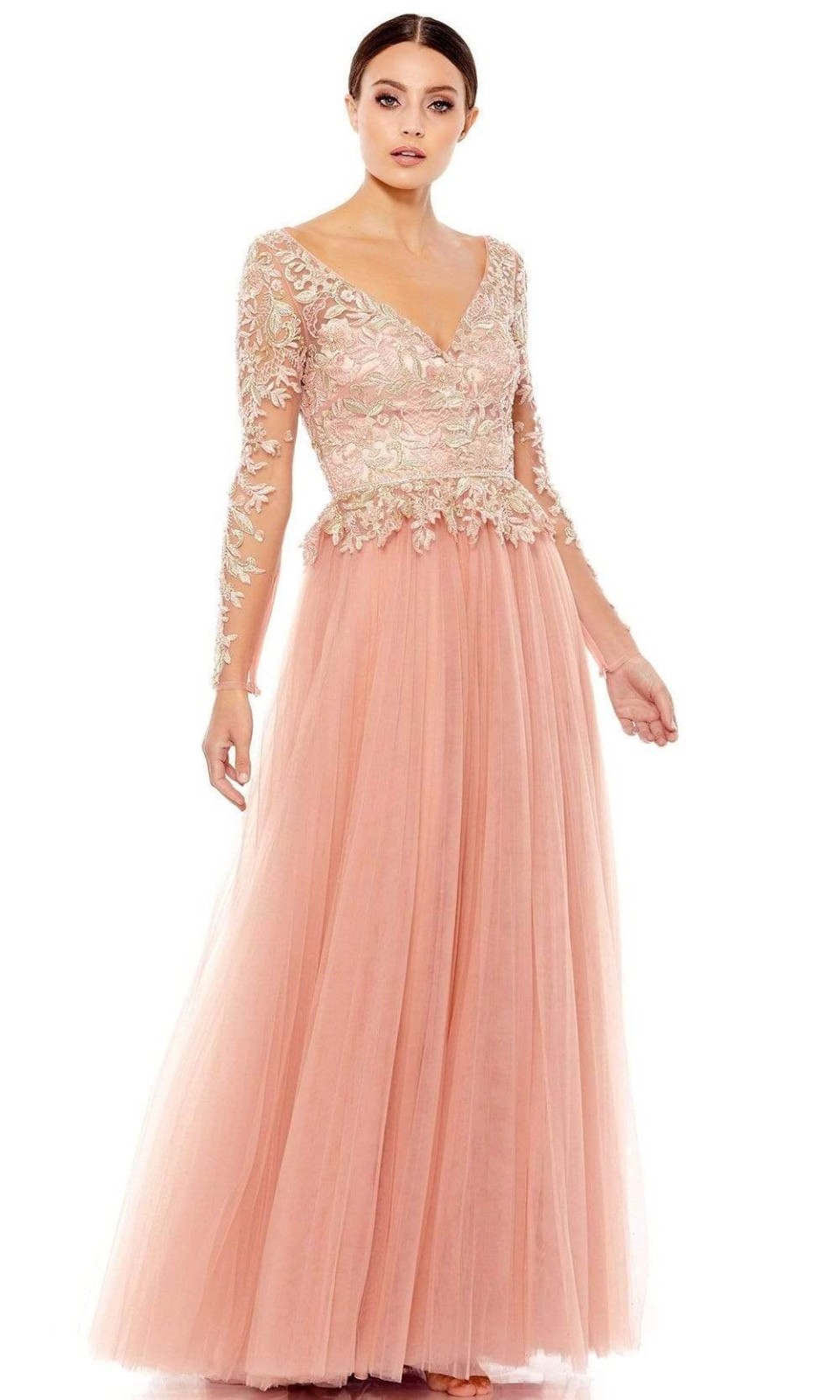 NWT Mac Duggal Embroidered Lace Illusion Long Sleeve Gown Rose Gold Size 4