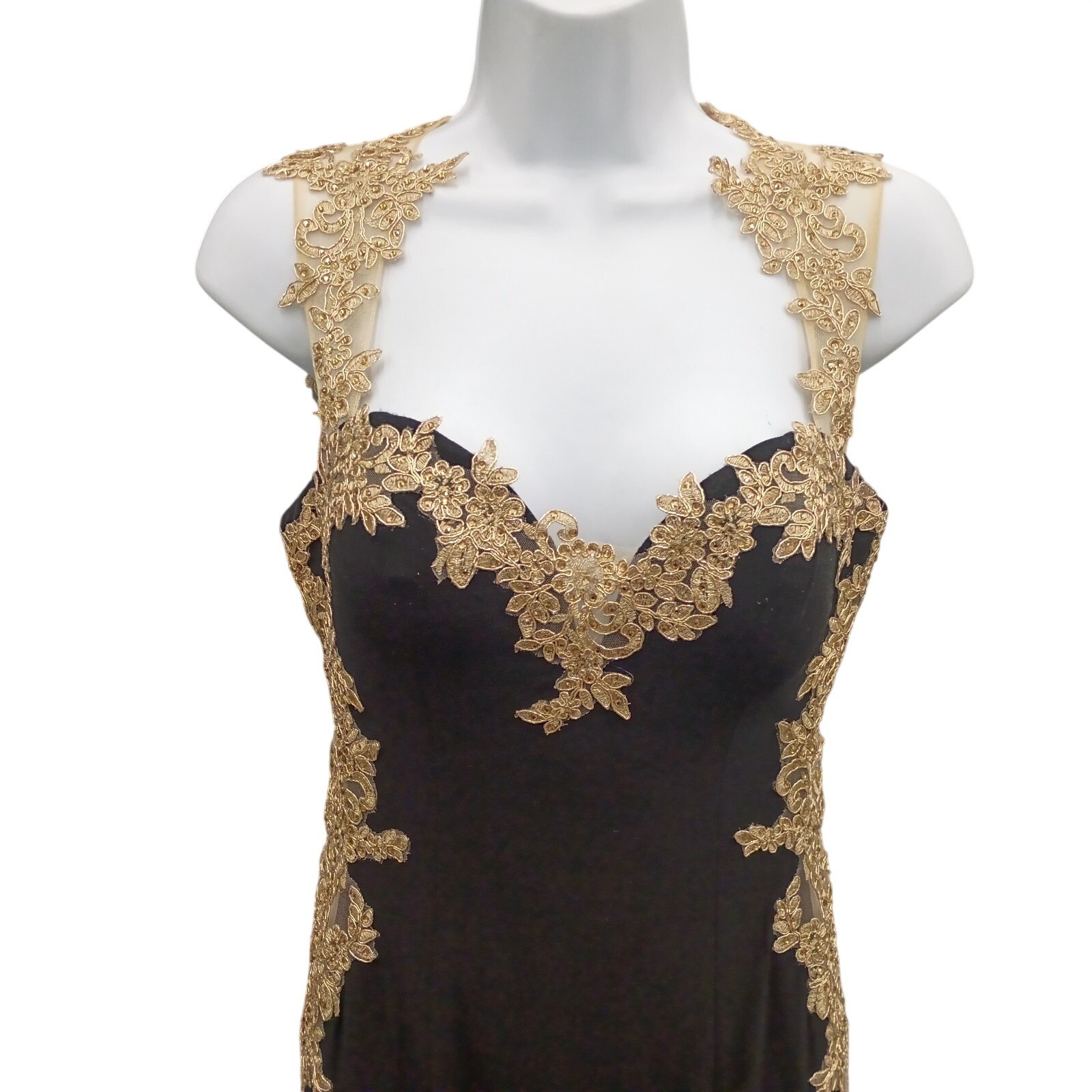 Cinderella Divine Womens 6 Black Gold Lace Column Prom Red Carpet Gown Dress