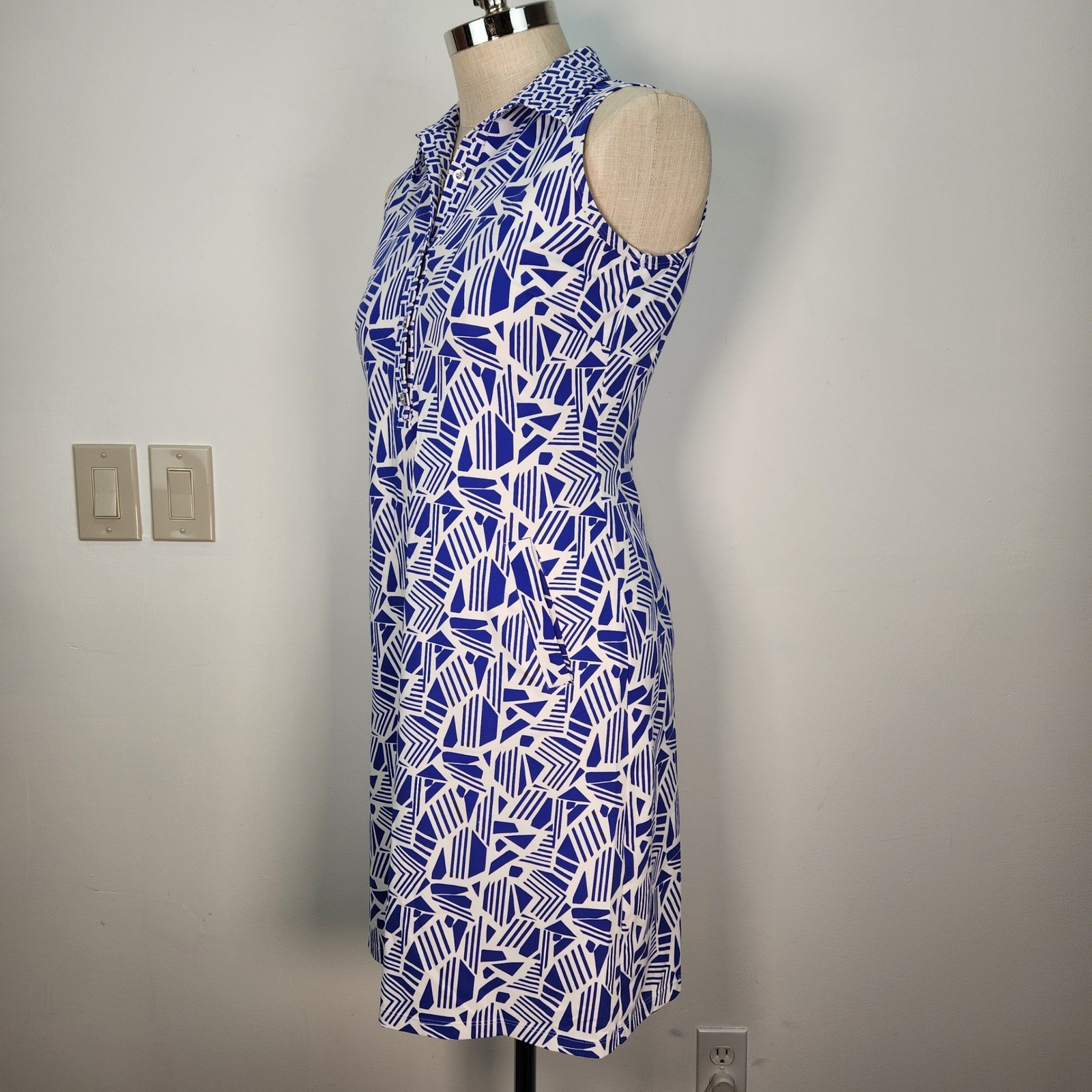 J.McLaughlin Blue White Geometric Catalina Cloth Sleeveless Shift Dress M