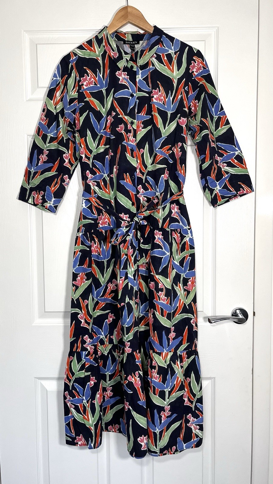Baukjen Floral Shirt Dress With Belt Organic Cotton Button Size UK 14
