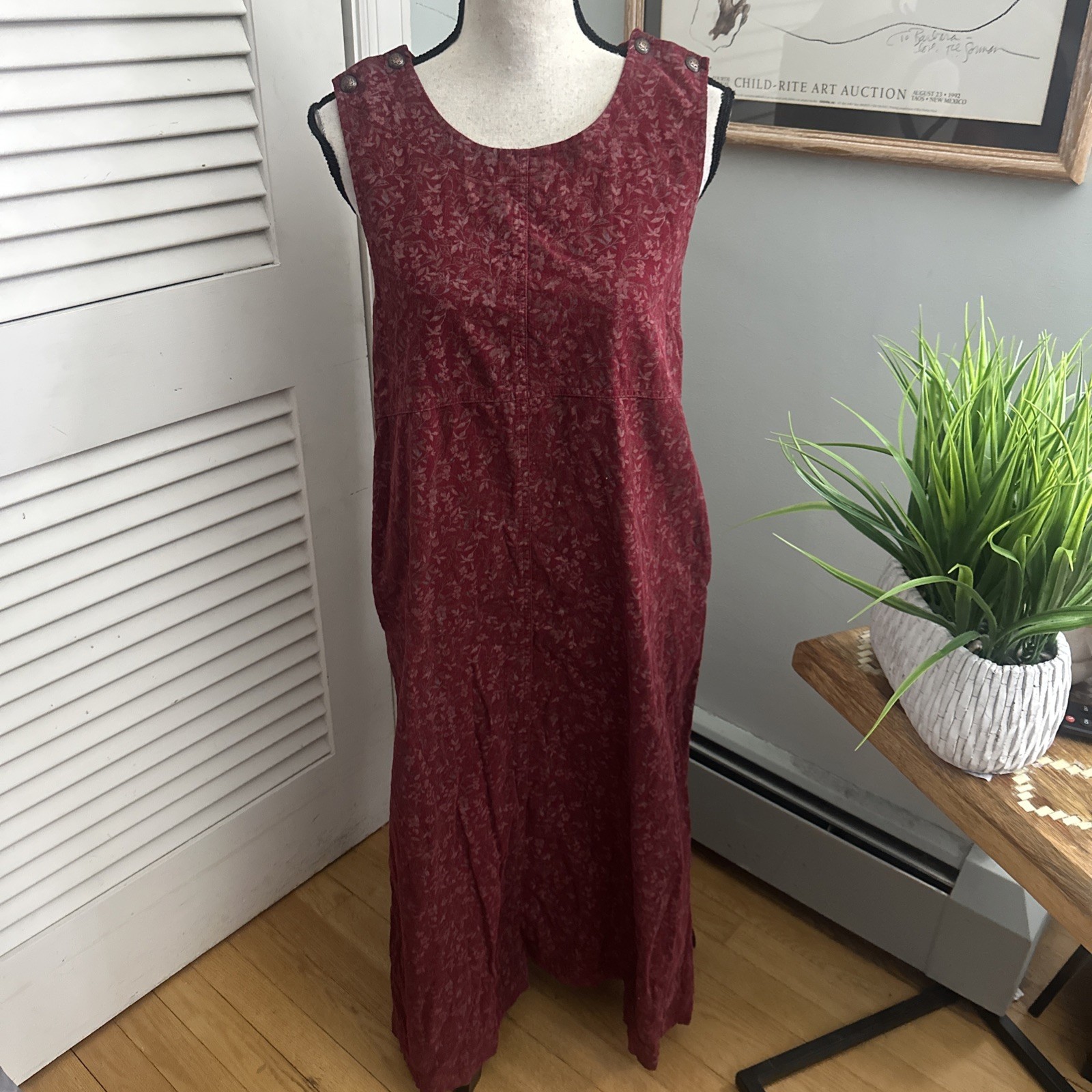 Serengeti Overall Dress Womens Medium Red Corduroy Floral Pockets Retro 90s Boho