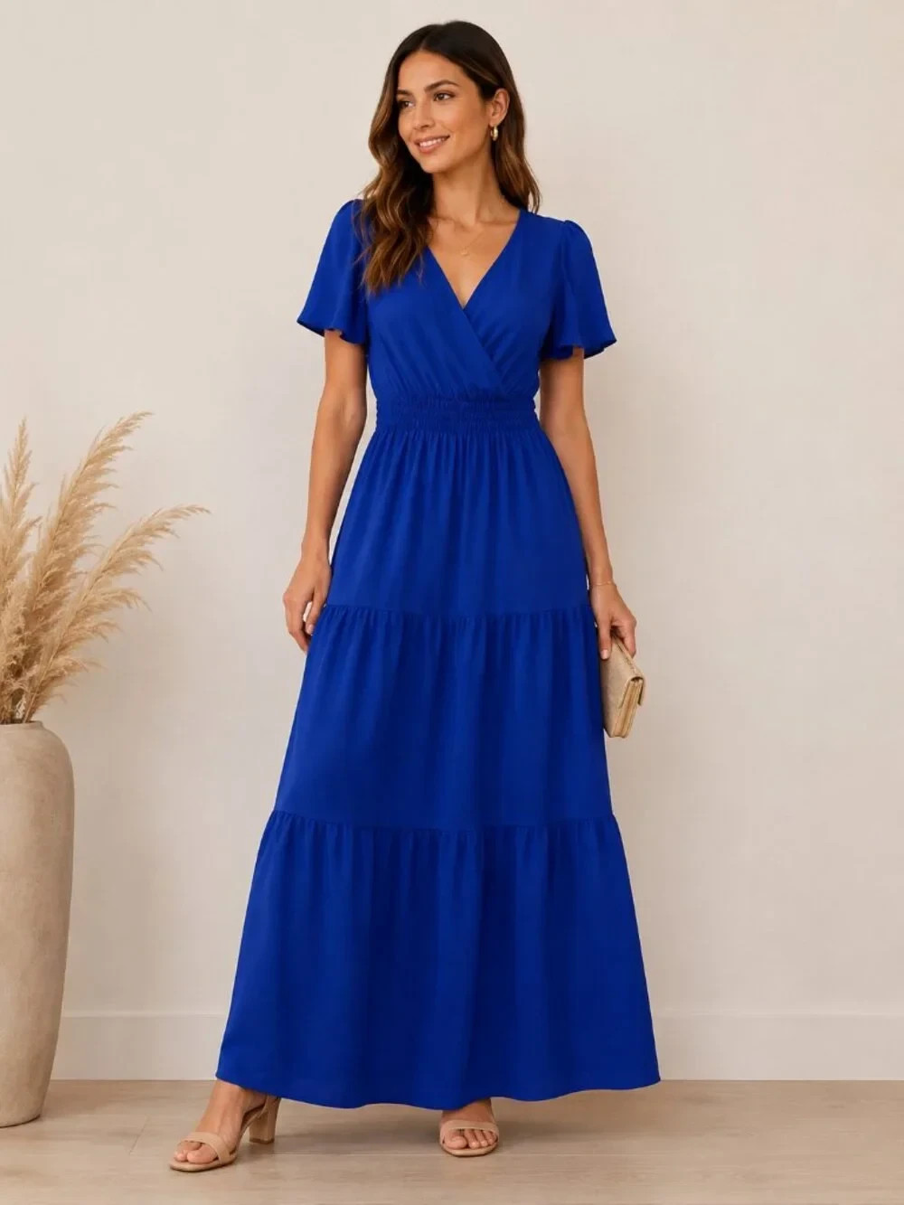 Monteau Los Angeles Royal Blue Maxi Dress Flutter Sleeve Smocked Waist Small