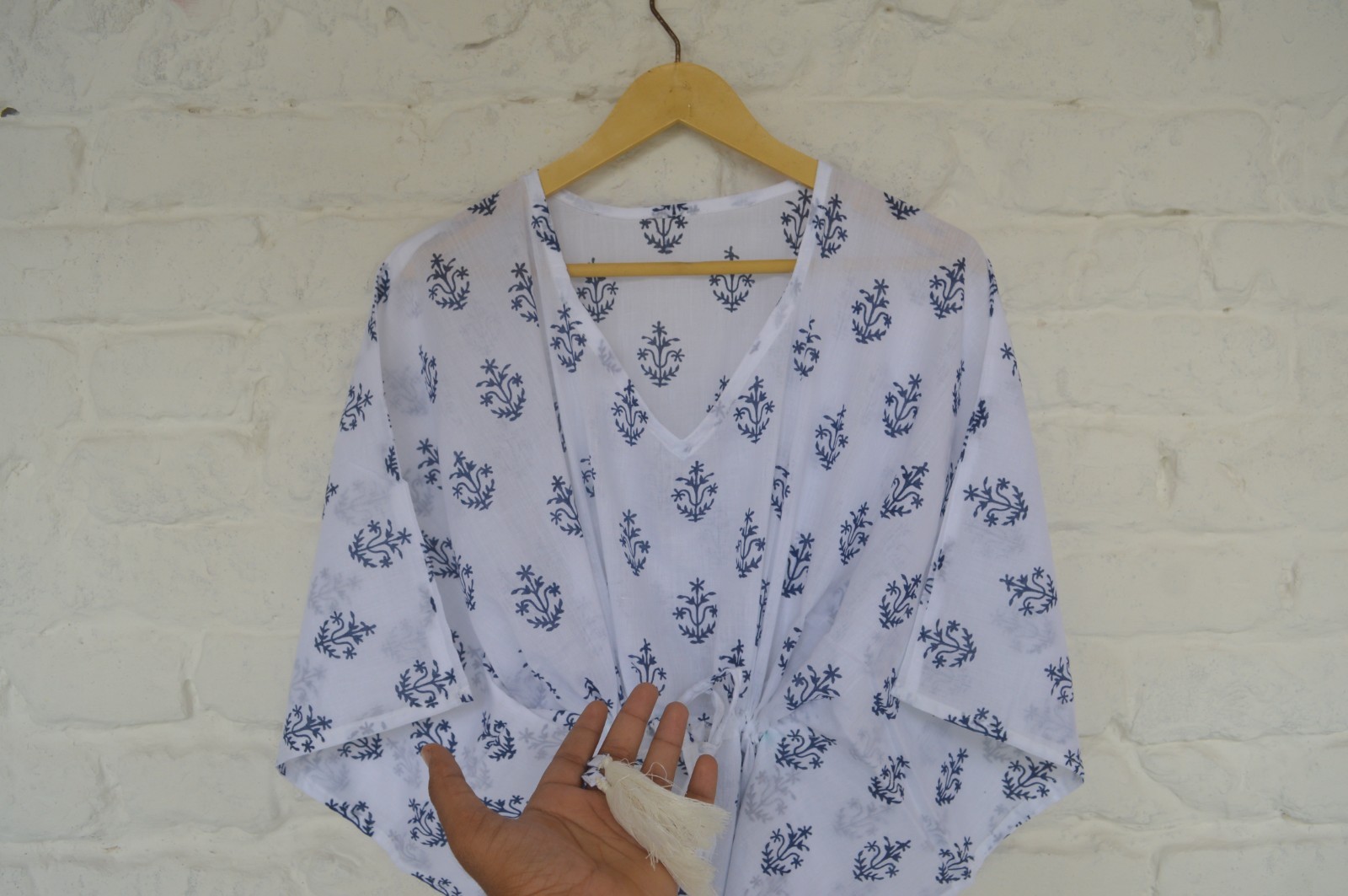 TARRIF FREE✅0%CHARGE Hand Printed Long Kaftan 100%Cotton 52 Inches Dress KF-47