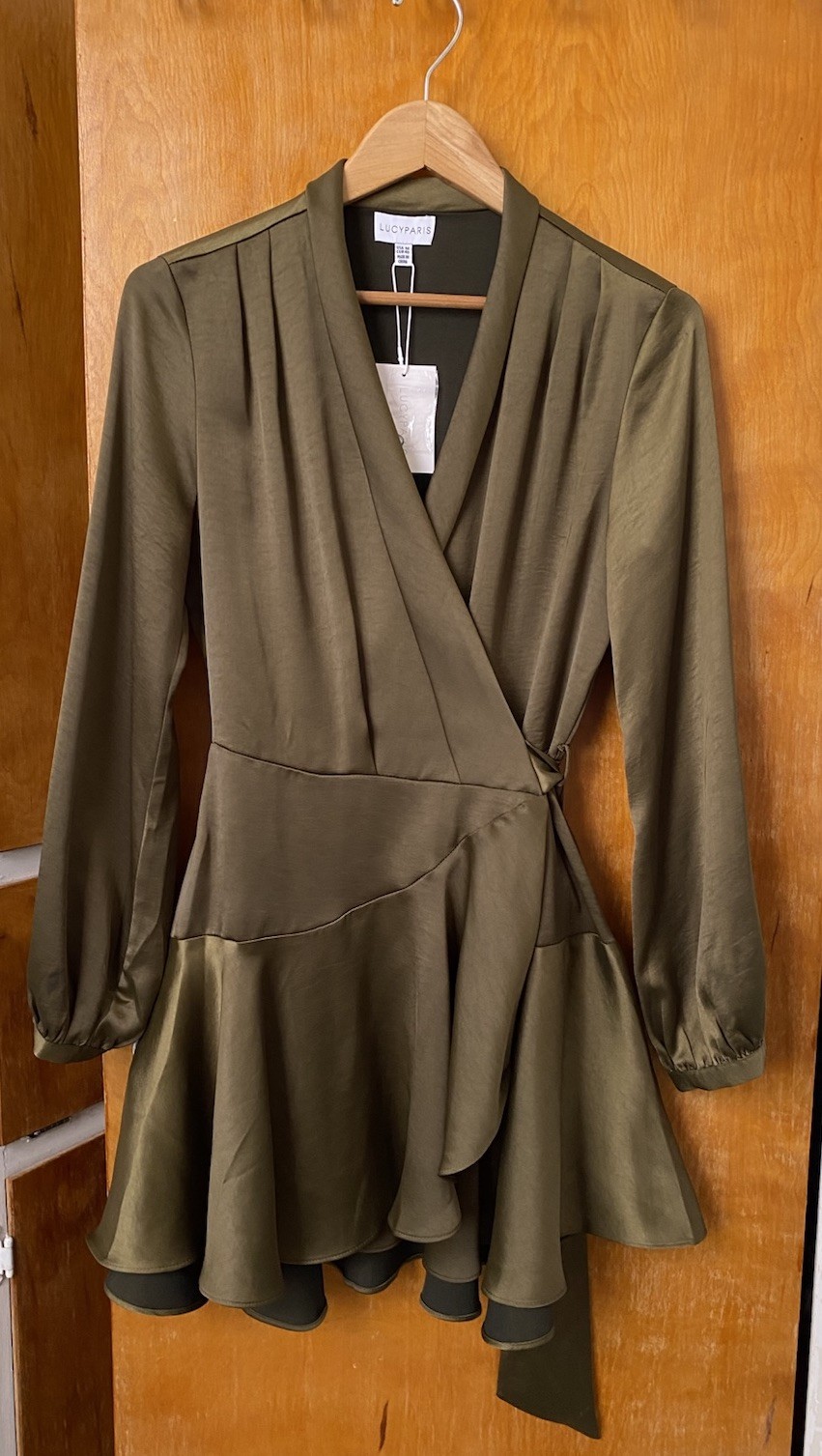 NWT Lucy Paris Adonia Wrap Dress Olive Green Satin Mini sz M long sleeve draped