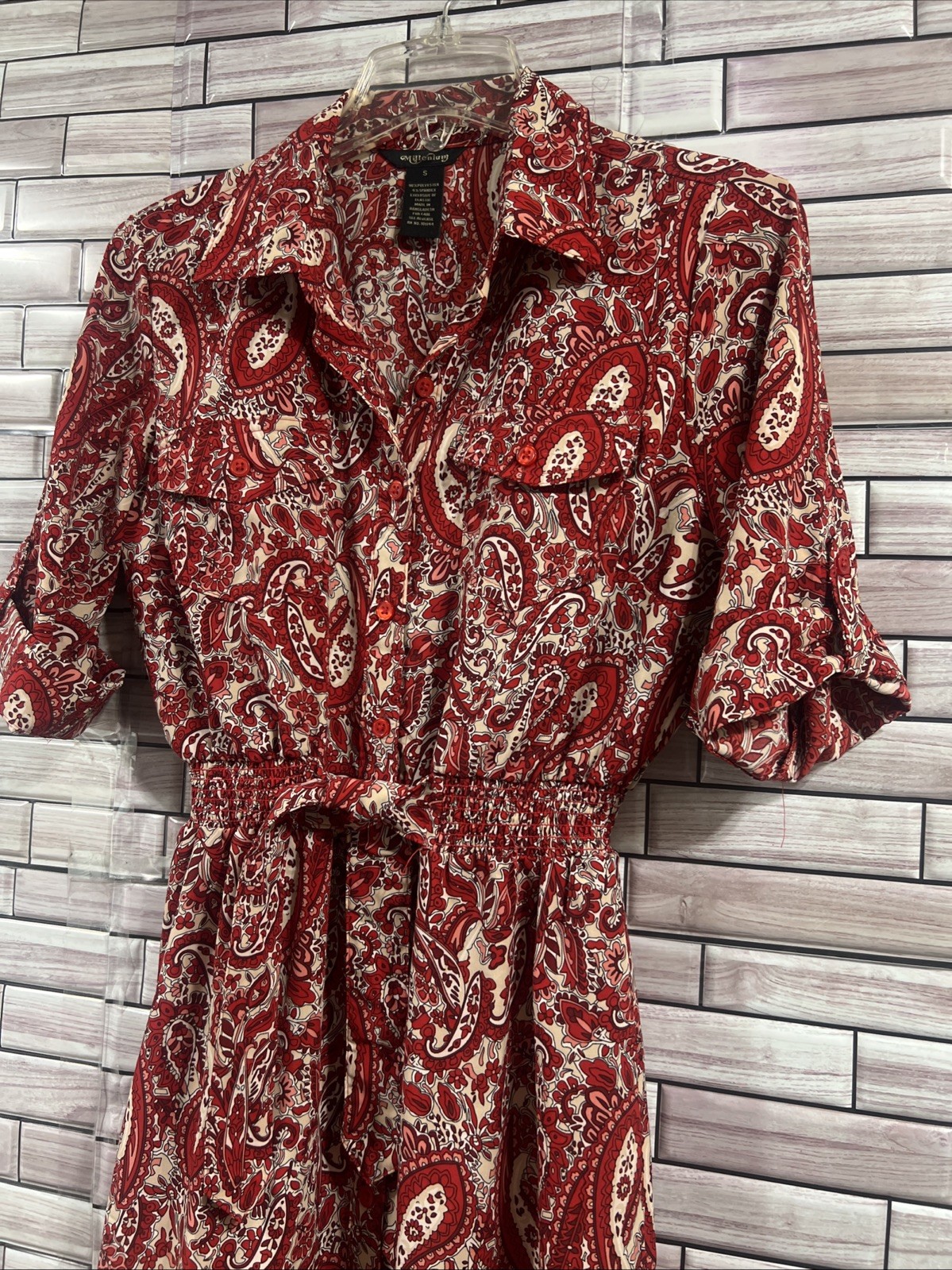 Millenium Womens S Dress red paisley fit flair tie waist knee length western