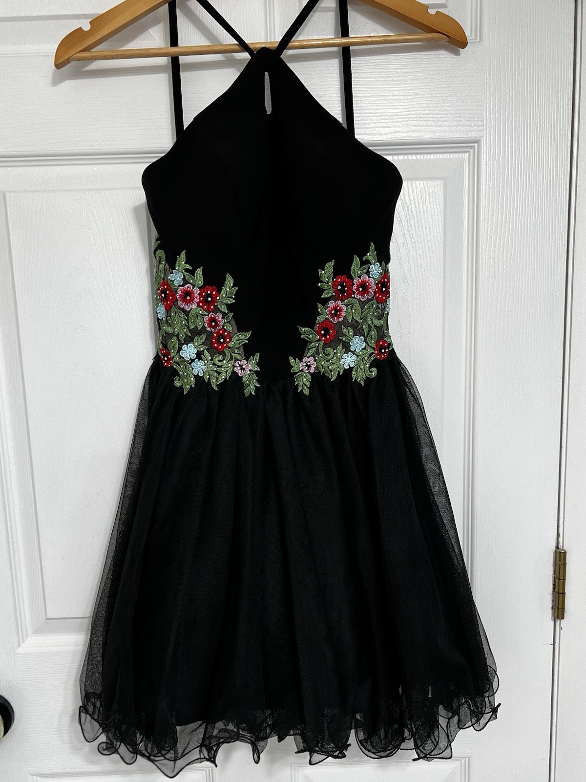 Blondie Nites Stacy Sklar Black Halter Tulle Dress Size 3 floral embroidered
