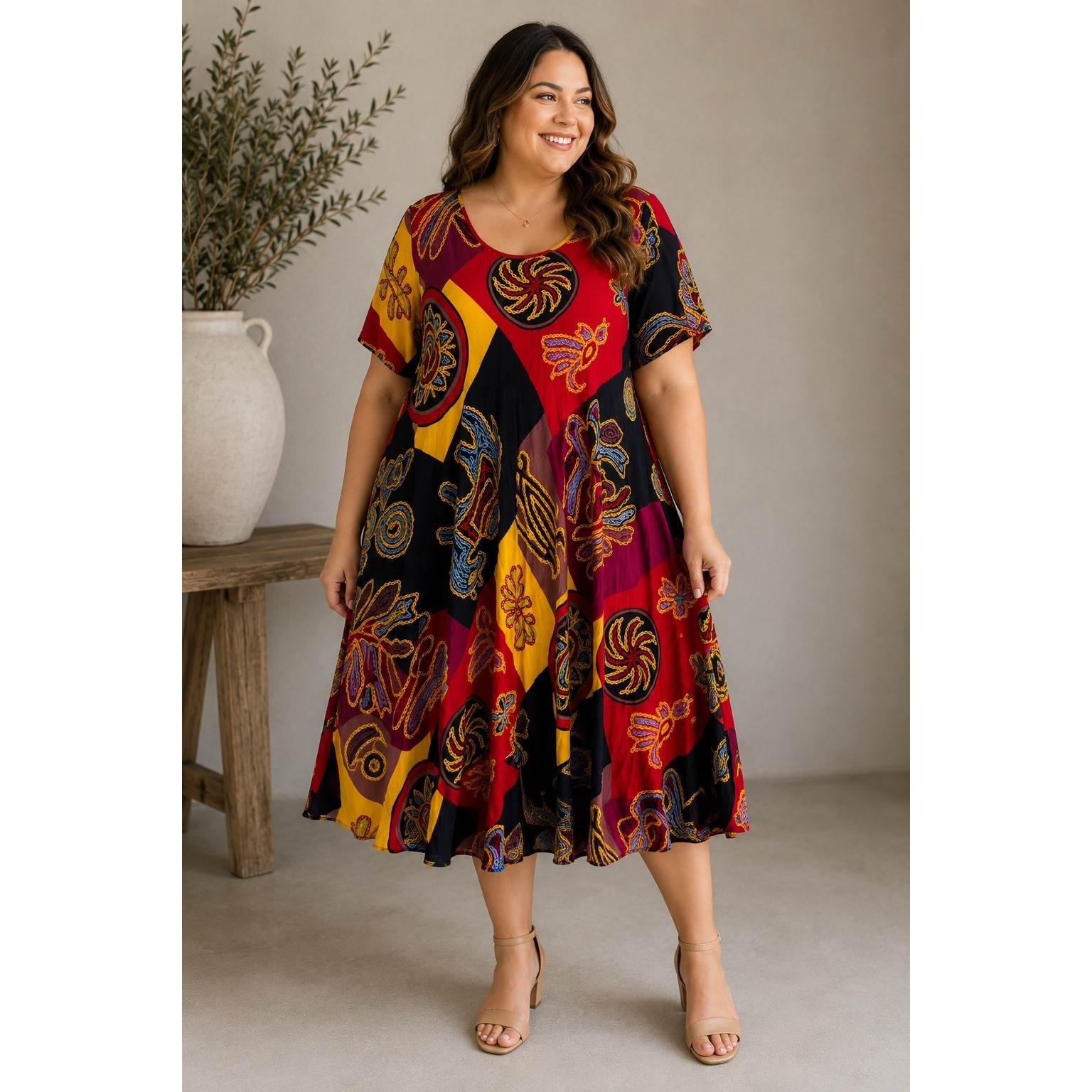 Qi Yuan Women Red Yellow Abstract Geometric Print 100% Cotton Maxi Dress L