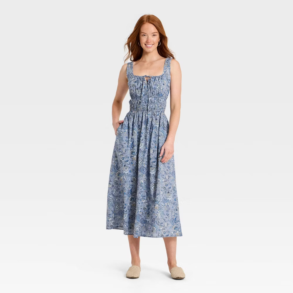 Women Cotton Midi Pullover Sundress – Universal Thread Blue Floral S