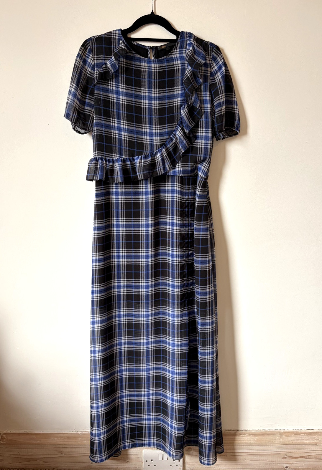 Maje Side-Ruched Plaid Tartan Blue and Navy Long Dress Ruffle UK size 10