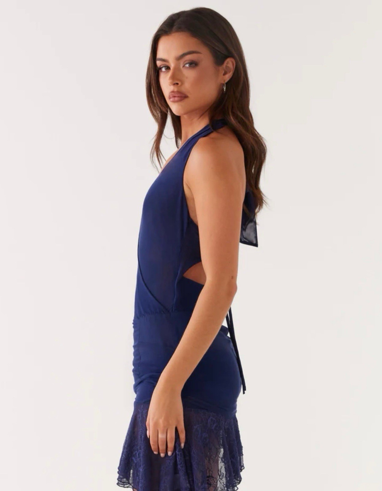 Peppermayo Raphaela Mini Dress -Navy Ruched Lace Hem Open Back V-Neck AU 8/US 4