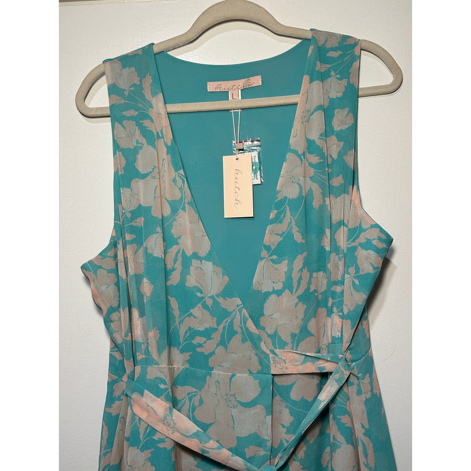 Hutch Trinity Ruffled Chiffon Wrap Maxi Dress Teal Floral Size Large NWT Wedding