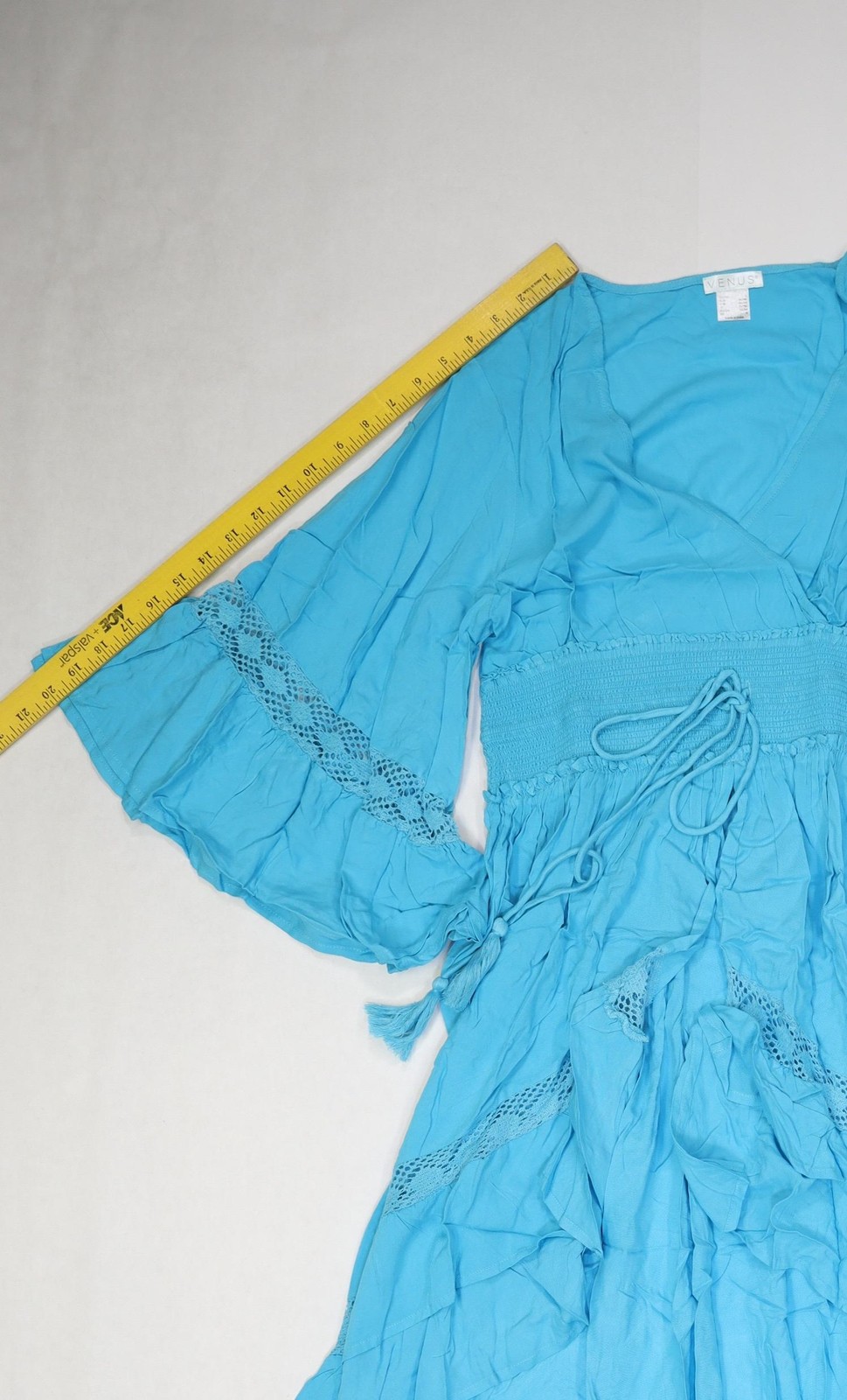 VENUS Dress Womens Large Blue Boho Crochet Bell Sleeve High Low Ruffle V Neck