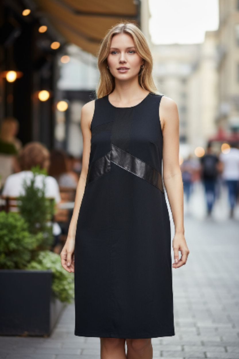Colleen Lopez Dress Womens 1X Black Sleeveless Sheath Faux Leather Trim Cocktail