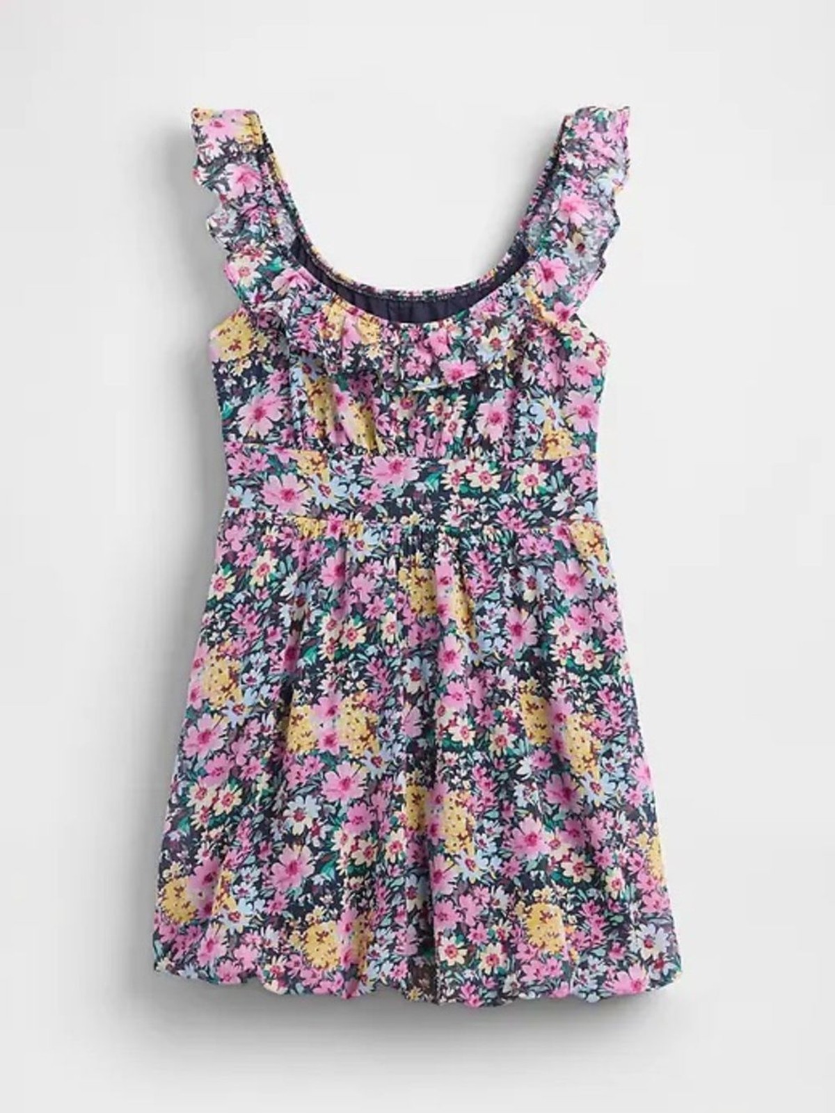 Gap Women’s Petite Bubble Floral Mini Ruffle-Shoulder Dress – Pink & Yellow- NWT
