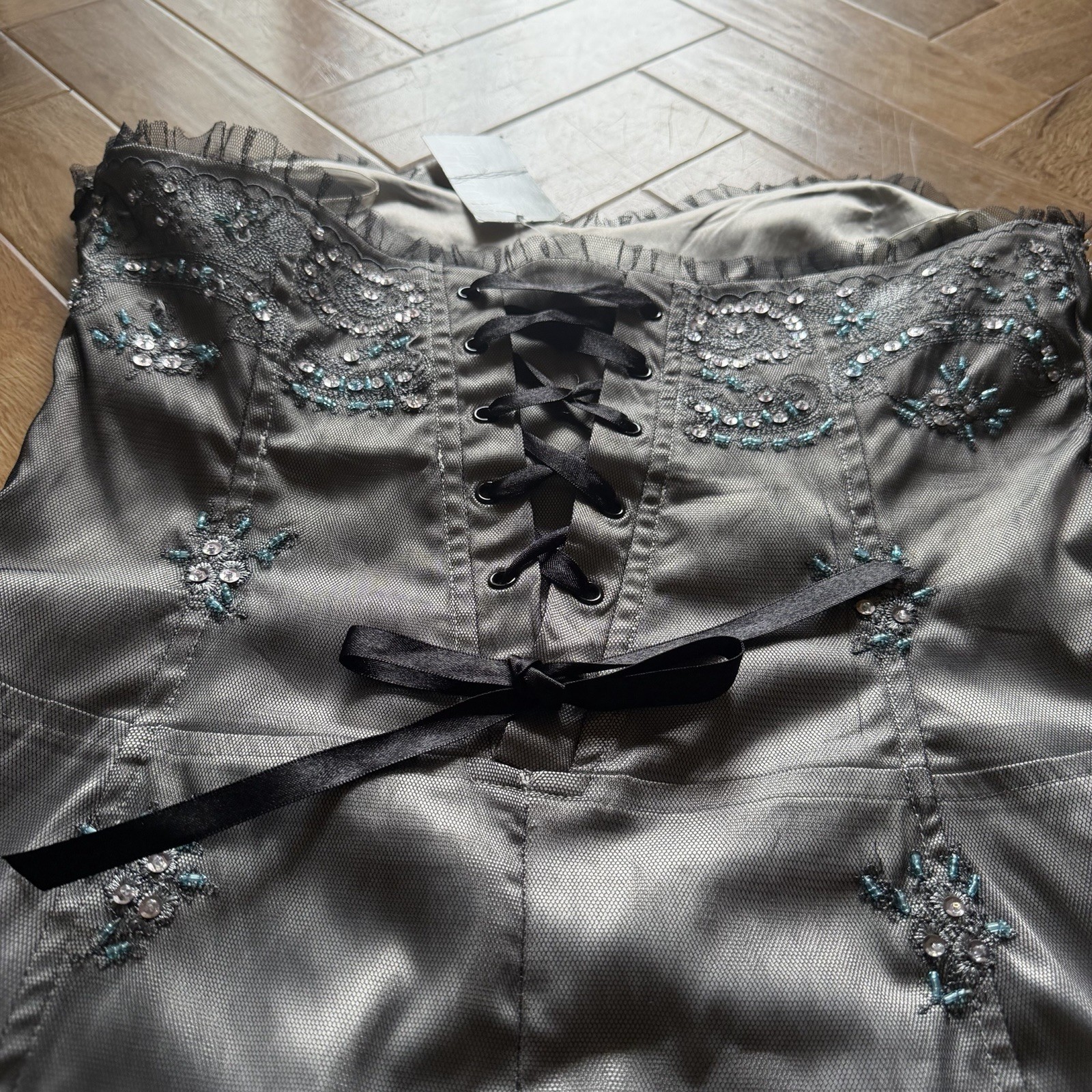 Jane Norman Y2K Strapless Corset Midi Dress Grey Embellished Lace Up Back
