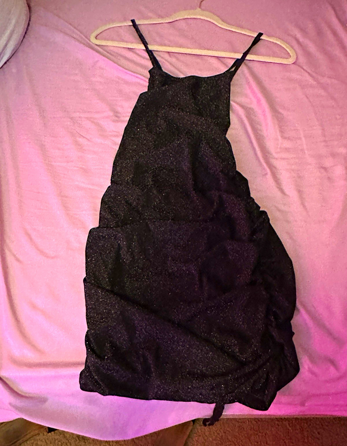 Black Glitter Ruched Square Neck Spaghetti Strap Bodycon Mini Dress S