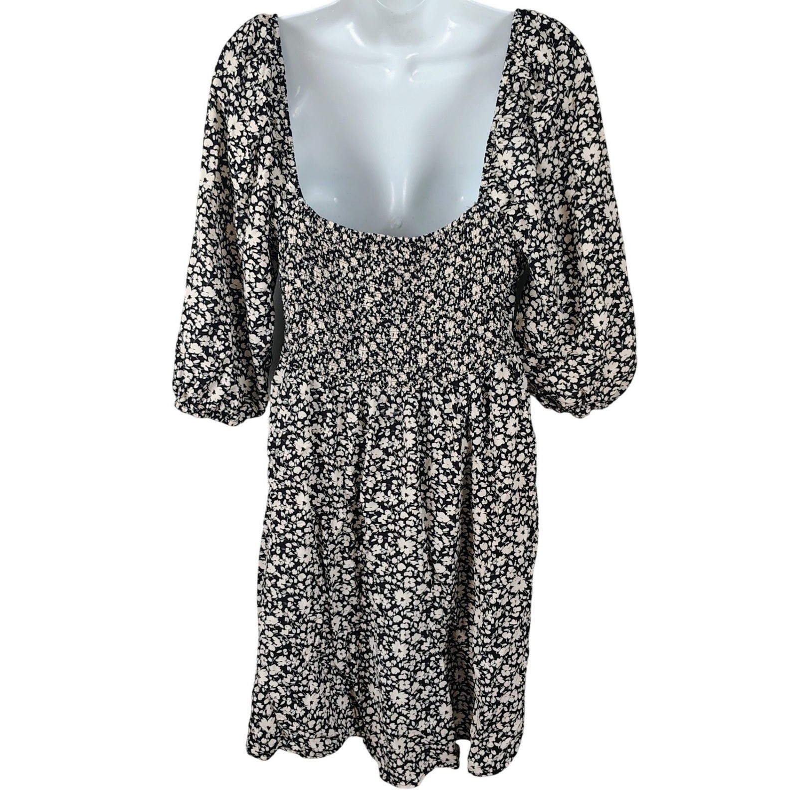 As U Wish Black White Floral Puff Smocked Back Dress XL cottagecore babydoll