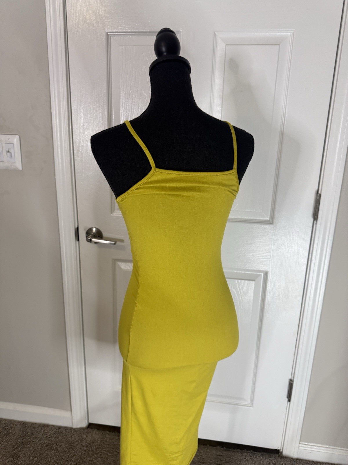 Women’s Yellow Knit Square Neck Strappy Stretch Bodycon Midi Dress Size S