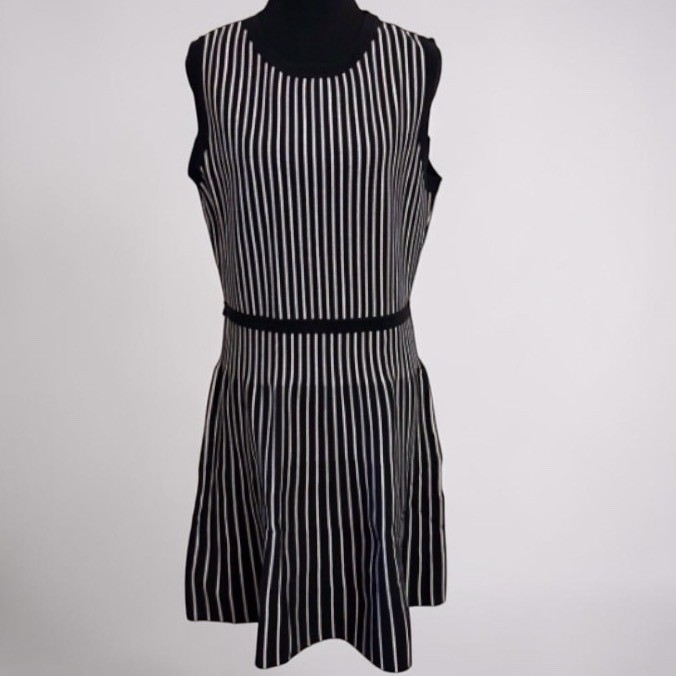 NWT Anne Klein $129 Black White Striped Knit Fit & Flare Dress Sleeveless Large