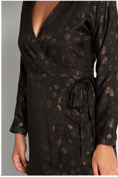 New Modcloth Golden Record Party Wrap Dress Womens Size small belted black gold
