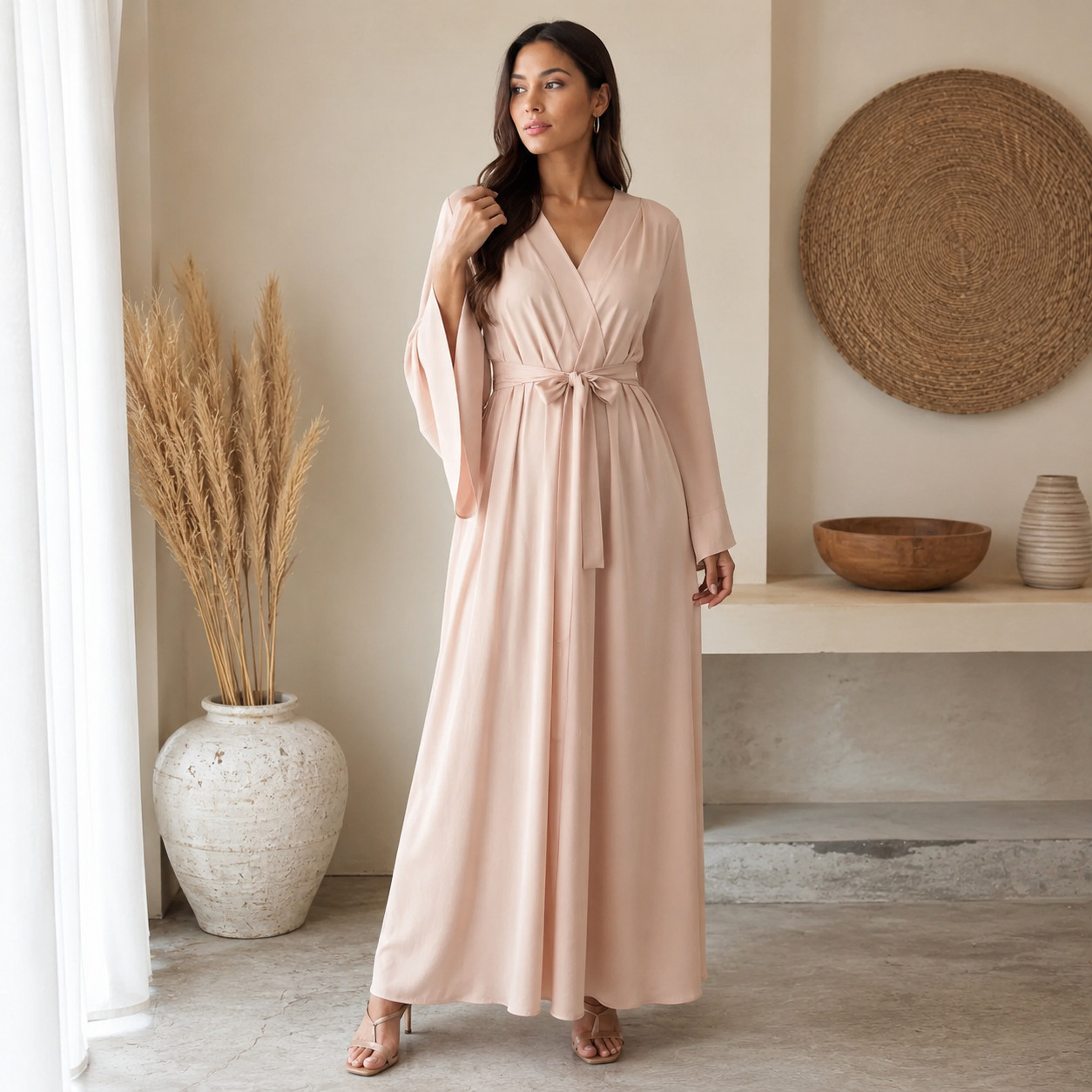 Women’s Blush Pink Maxi Dress Long Sleeve V Neck Wrap Belted Dress