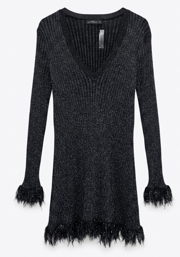 ZARA Black V-Neck Ribbed Knit Sweater Dress Long Sleeve Fringe Hem Size M