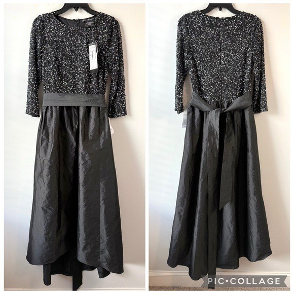 Pisarro Nights Beaded Bodice Taffeta Gown Black / Gunmetal 8