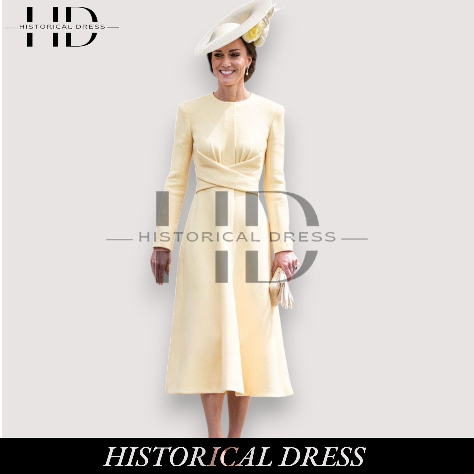 Princess Kate Middleton Off-White Wool Coat Dress | Vintage Midi A-Line Gown