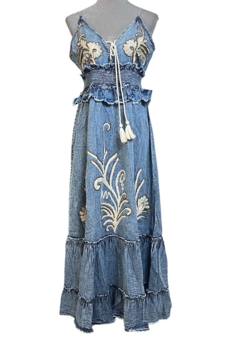 POL Tiered Maxi Beaded Dress L Boho Blue Embroidered Festive Smocked Waist